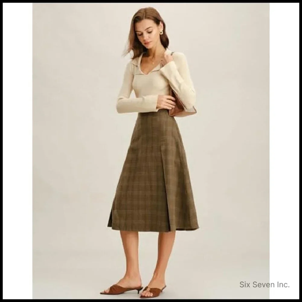 Pleated A-Line Midi Skirt Vintage Elegant Retro Wool-Blend with Pockets